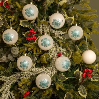 White And Blue Snowflake Glitter Baubles - Pack of 12 - Christmas Tree Decorations