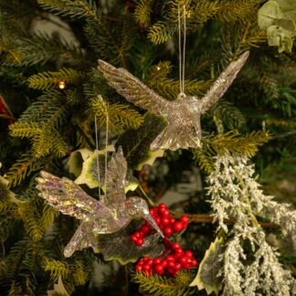 Pair of Silver Glitter Hummingbirds - Christmas Tree Decoration