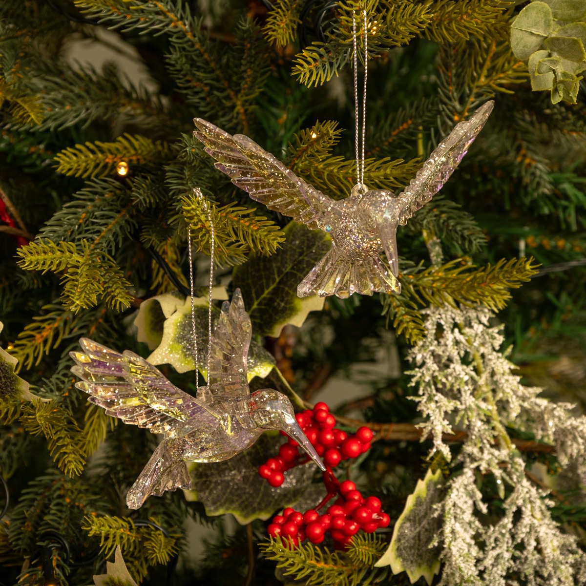 Pair of Silver Glitter Hummingbirds - Christmas Tree Decoration