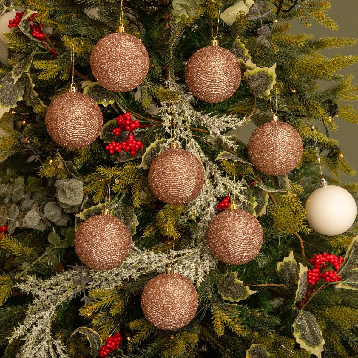 Pack of 12 Rose Gold Glitter Baubles - Christmas Tree Decoration