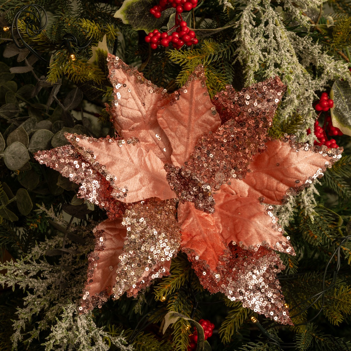 Frosted Pink Poinsettia With Sequins Stem Ornament - Christmas Decoration