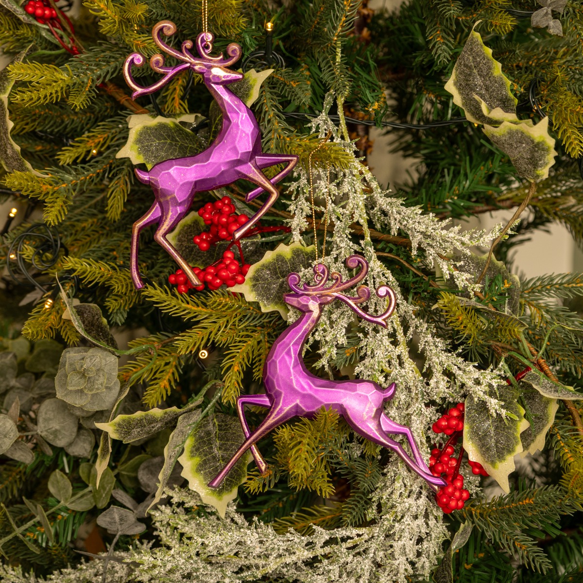 Pair of Hanging Purple And Brushed Gold Reindeer - Christmas Tree Decoration