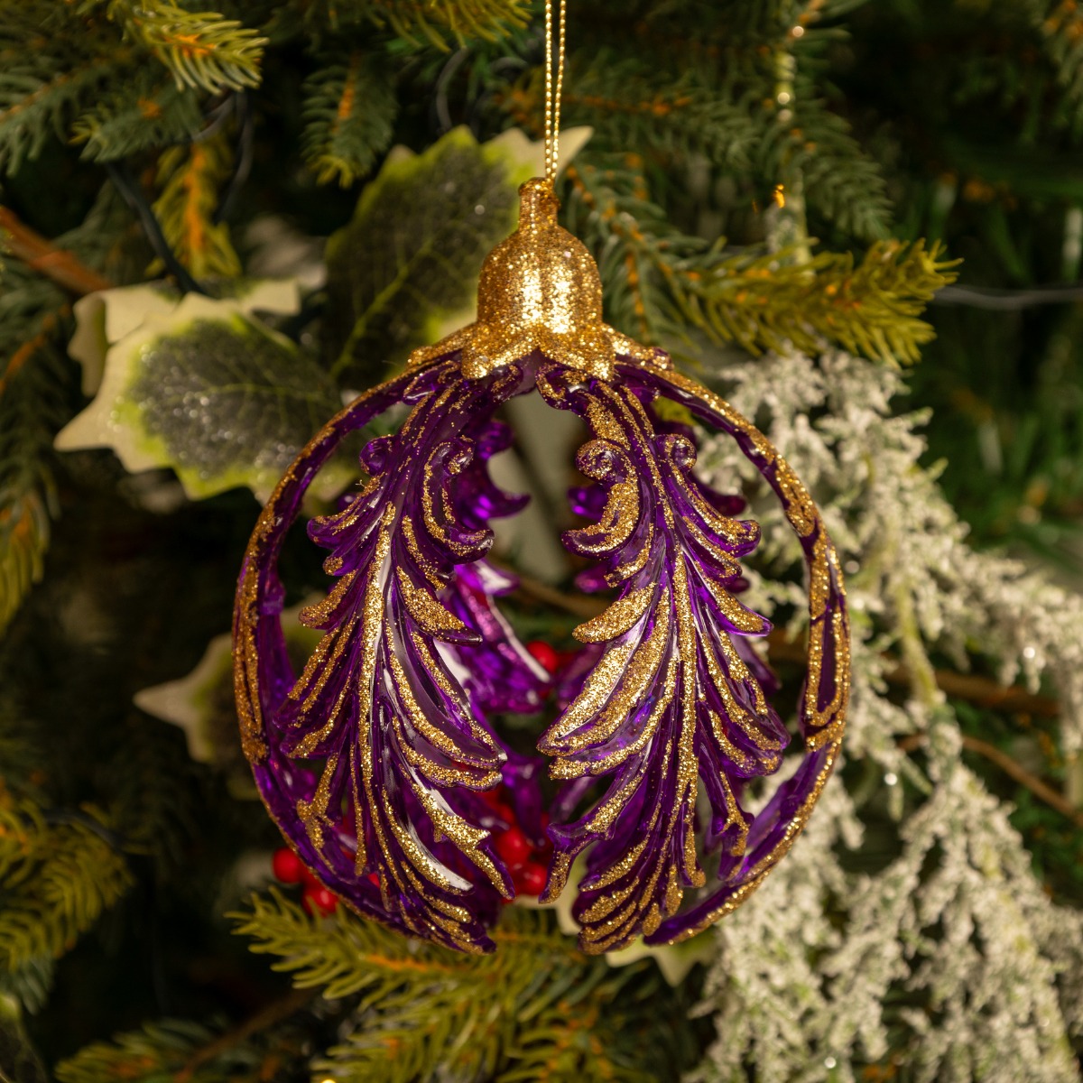Hanging Purple And Gold Glitter Feather Ball - Christmas Tree Decoration