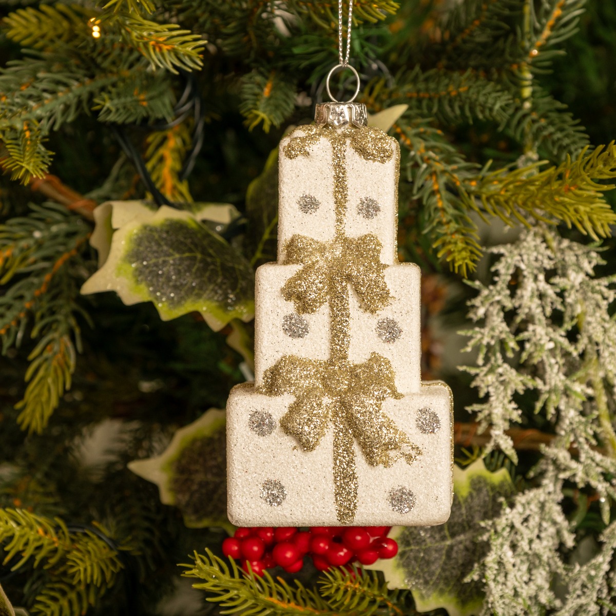 Hanging Gold And Silver Glitter Stacked Presents - Christmas Tree Decoration