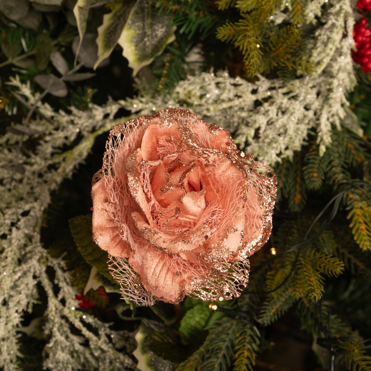 Pink Rose With Glitter Stem - Christmas Decoration
