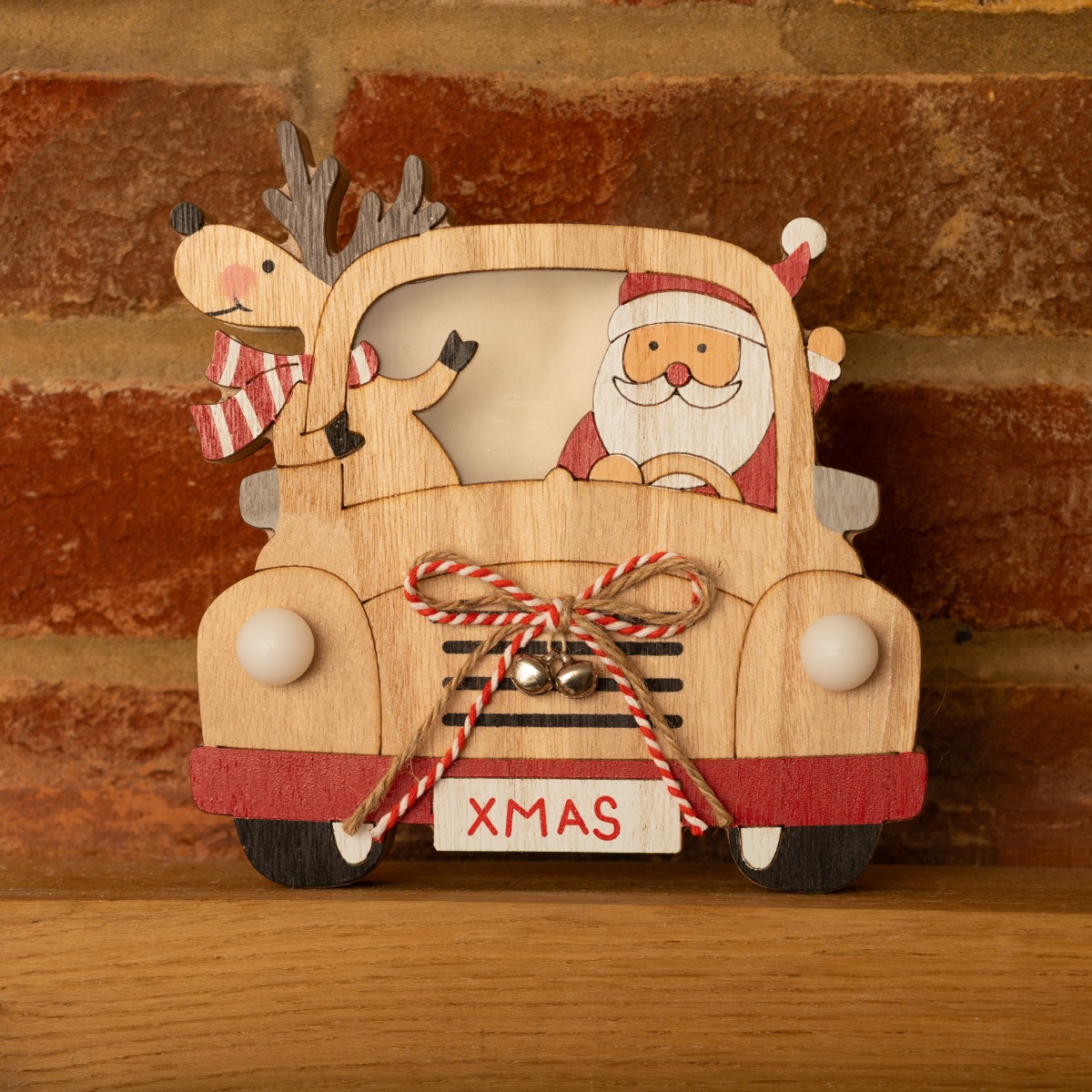 Led Wooden Car With Reindeer And Santa - Christmas Decoration