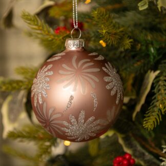 Pink With Silver Glitter Firework Detail Glass Bauble - Christmas Decoration
