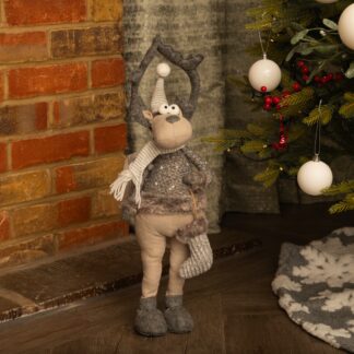 Standing Grey Reindeer With Striped Scarf - Christmas Decoration