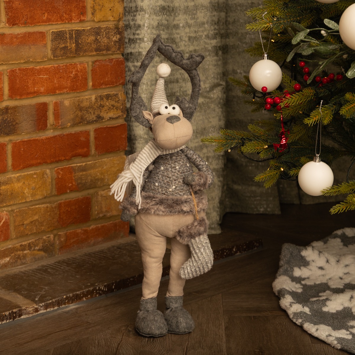 Standing Grey Reindeer With Striped Scarf - Christmas Decoration