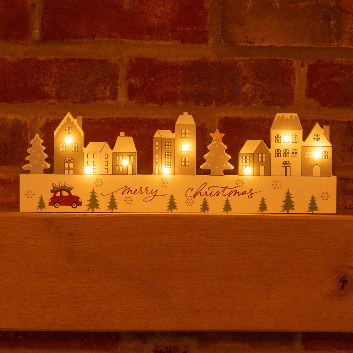 Led White Wooden Village Scene - Christmas Decoration