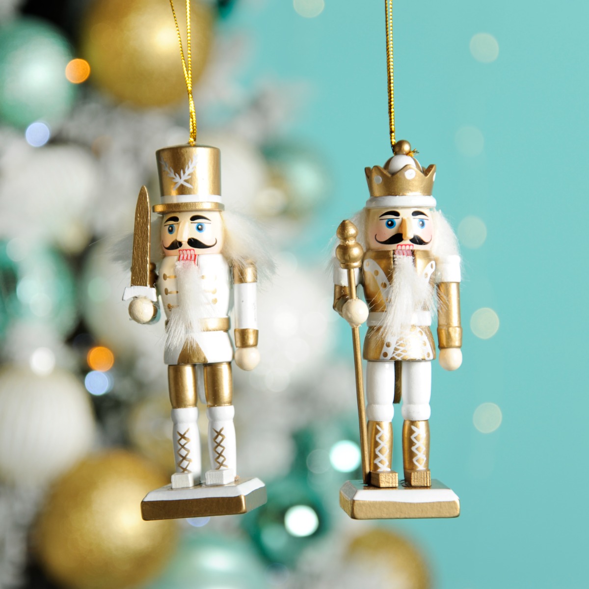 Hanging White And Gold Nutcrackers - Christmas Tree Decoration - Pack of 2