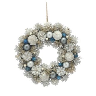 36cm Silver Pinecone And Grey Bauble Wreath - Christmas Decoration