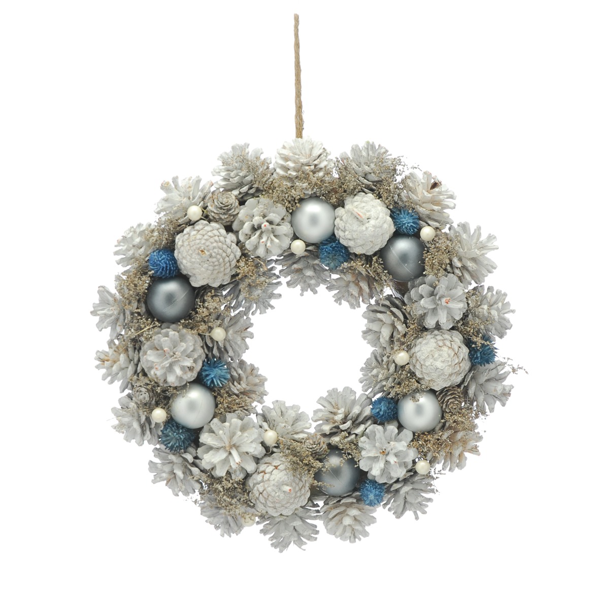 36cm Silver Pinecone And Grey Bauble Wreath - Christmas Decoration
