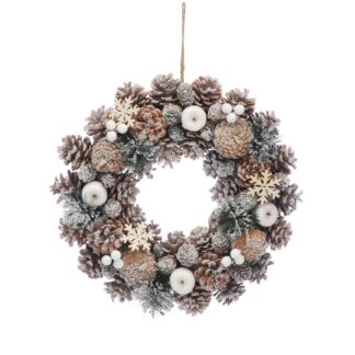 36cm Frosted Pinecone And White Apple Wreath - Christmas Decoration