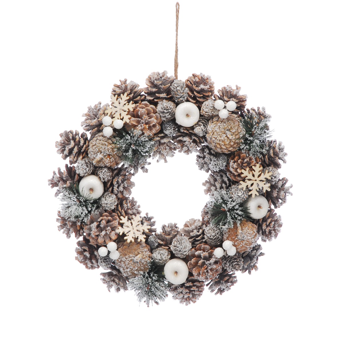 36cm Frosted Pinecone And White Apple Wreath - Christmas Decoration