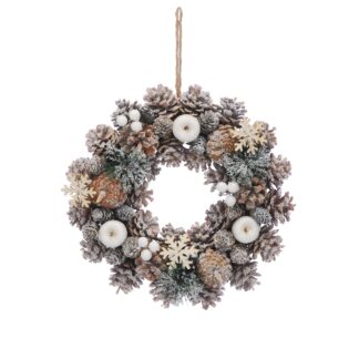 30cm Frosted Pinecones And White Apple Wreath - Christmas Decoration