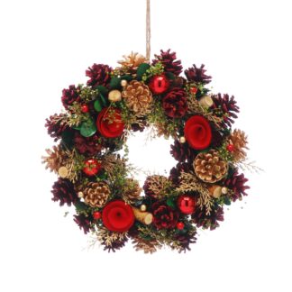 Burgundy And Red Flowers Wreath - Christmas Decoration - 36cm