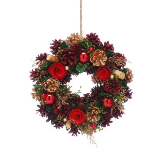 Burgundy And Red Flowers Wreath - Christmas Decoration - 30cm