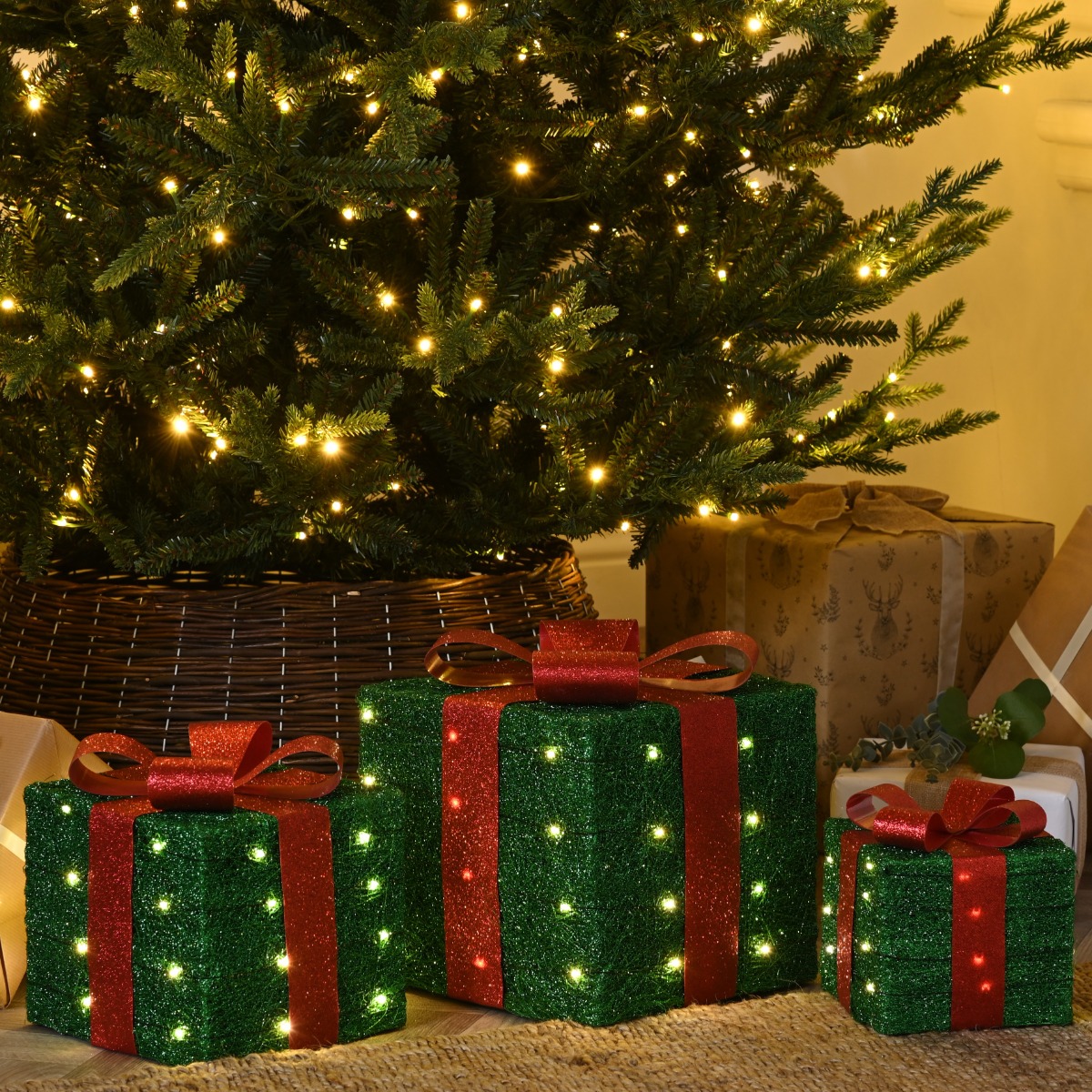 Set of 3 Led Green Parcels With Red Bow - Christmas Decoration - Battery Operated