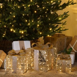 Set of 3 Led Gold Parcels - Christmas Decoration - Battery Operated