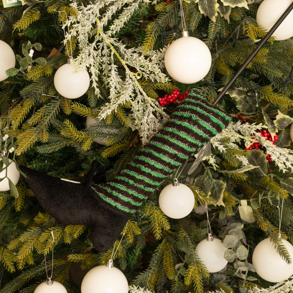 Green And Black Striped Witch Leg Pick - Halloween Decoration