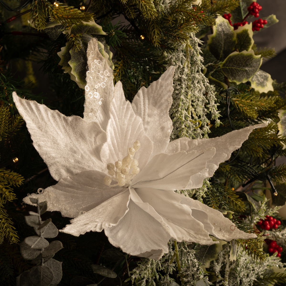 White Velvet Poinsettia Single Stem - Christmas Floristry Decoration