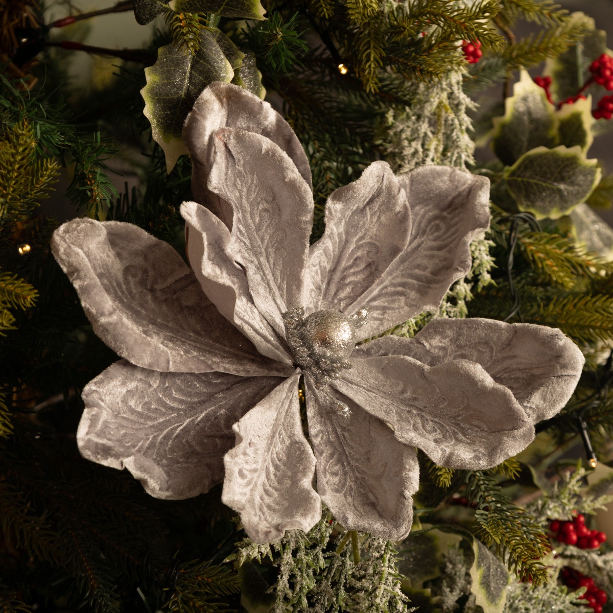 Christmas Floristry Decoration - Silver Velvet Magnolia Stem