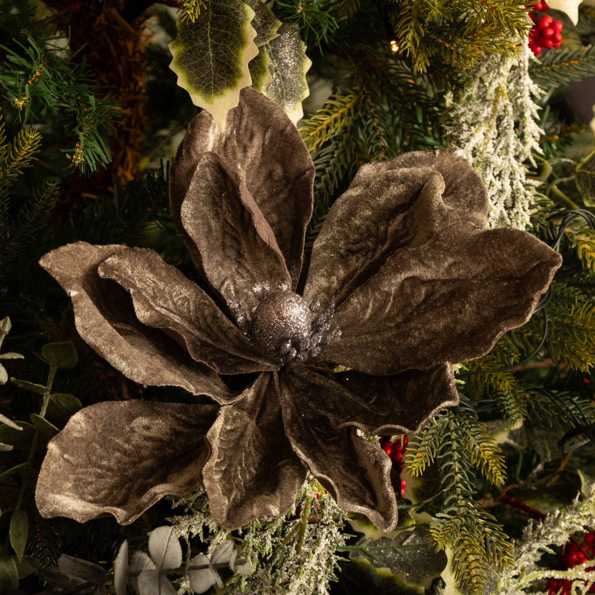 Pewter Grey Velvet Magnolia Stem - Christmas Floristry Decoration -