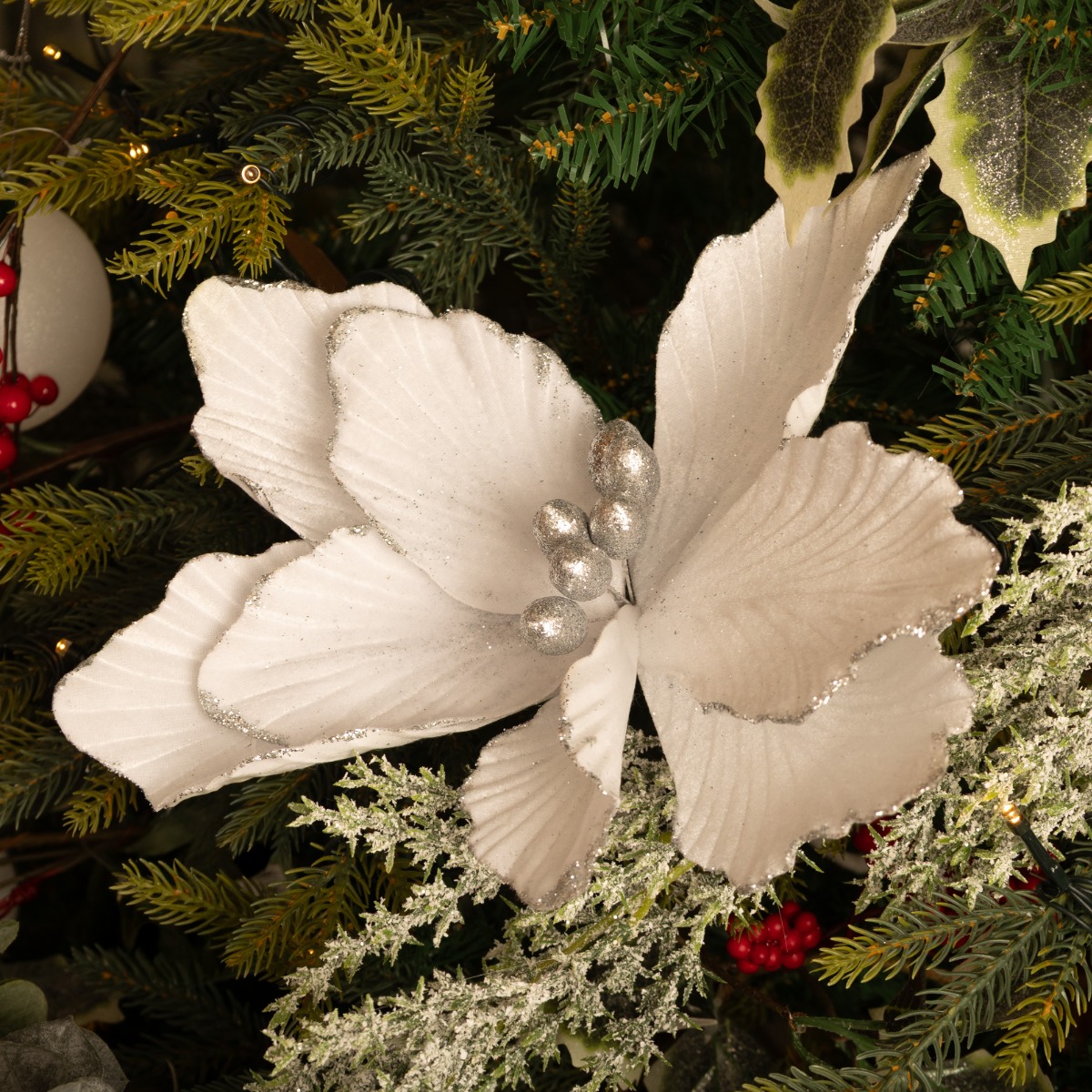 Bright White Velvet Magnolia Stem - Christmas Floristry Decoration