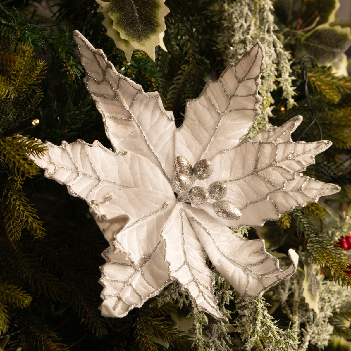 White Velvet Glitter Poinsettia Stem - Christmas Floristry Decoration