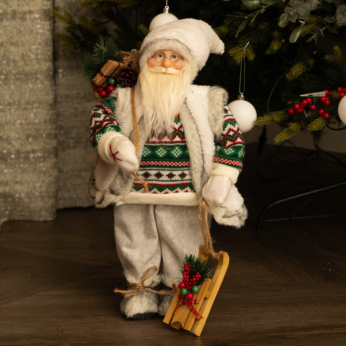 Standing Nordic Santa Ornament With Skis - Christmas Decoration
