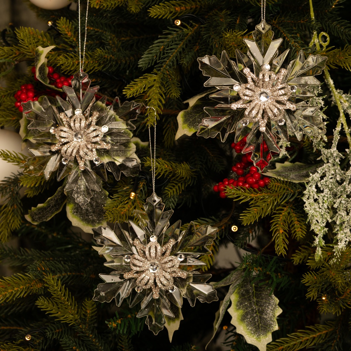 Pack of 3 Acrylic Clear And Silver Snowflakes - Christmas Tree Decoration