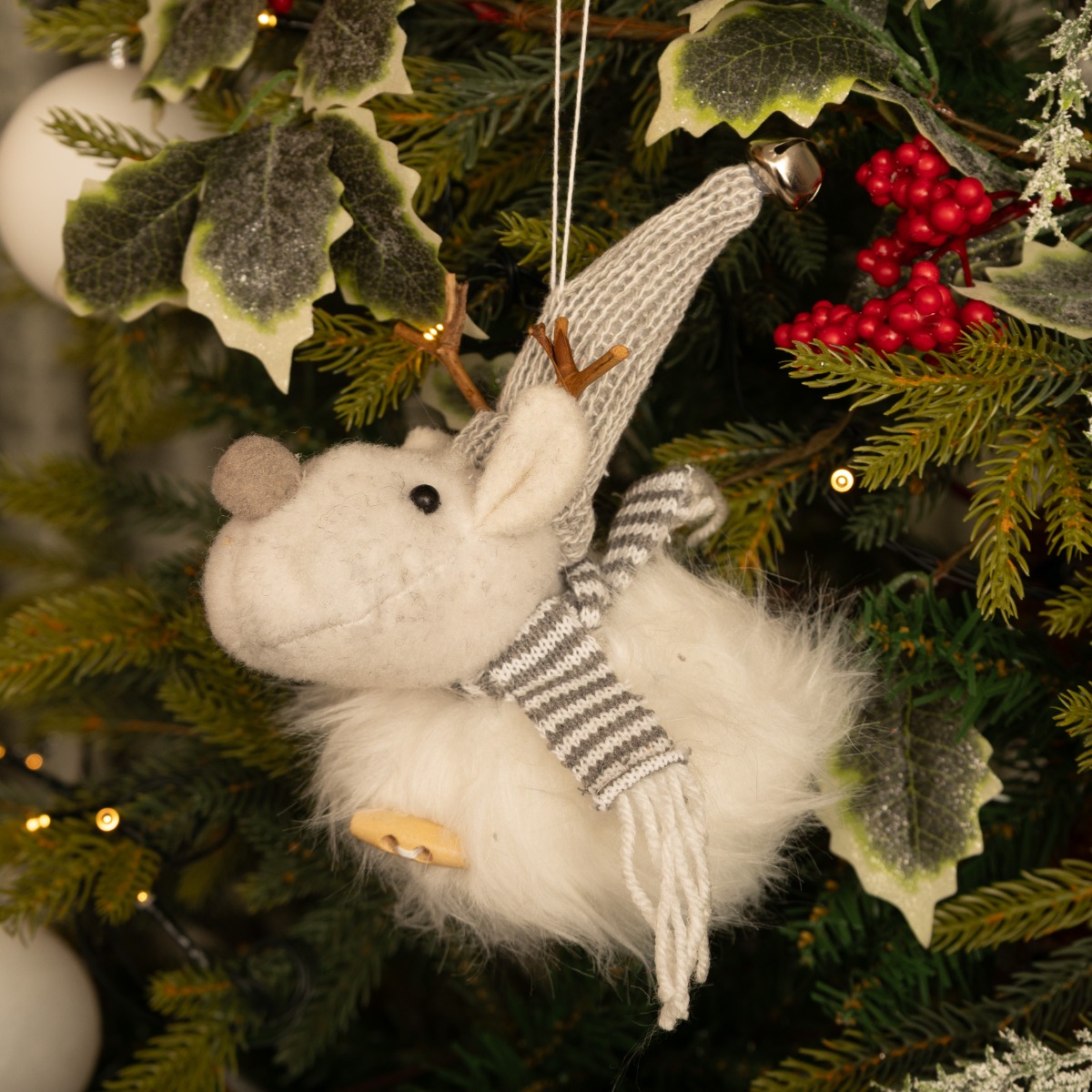 Grey And White Striped Scarf Hanging Reindeer - Christmas Tree Decoration
