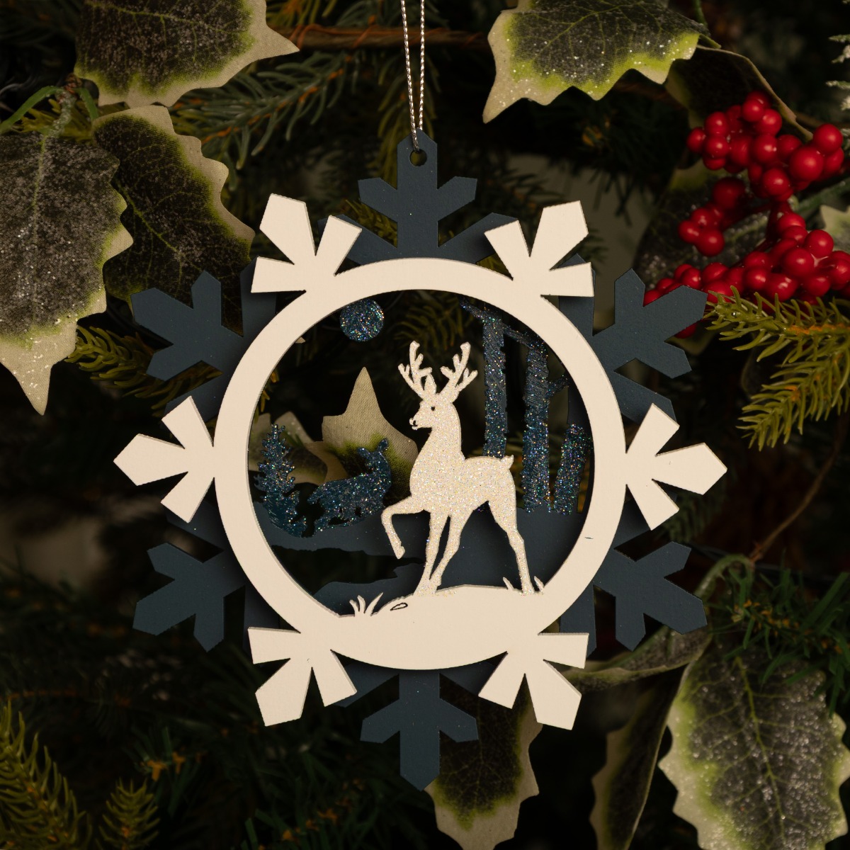 Hanging Blue And White Wooden Snowflake-Reindeers - Christmas Tree Decoration