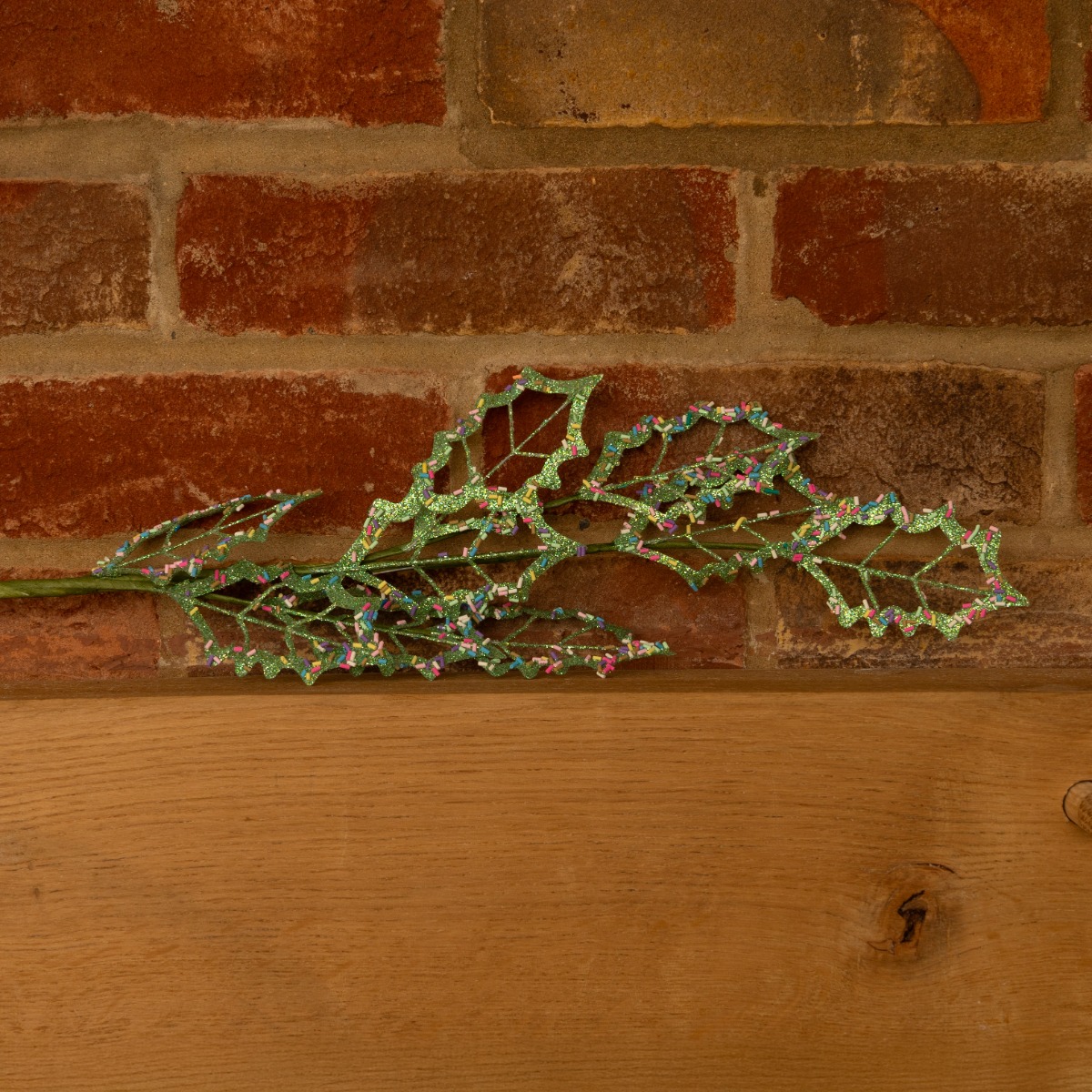 Green Glitter Holly Stem - Christmas Decoration