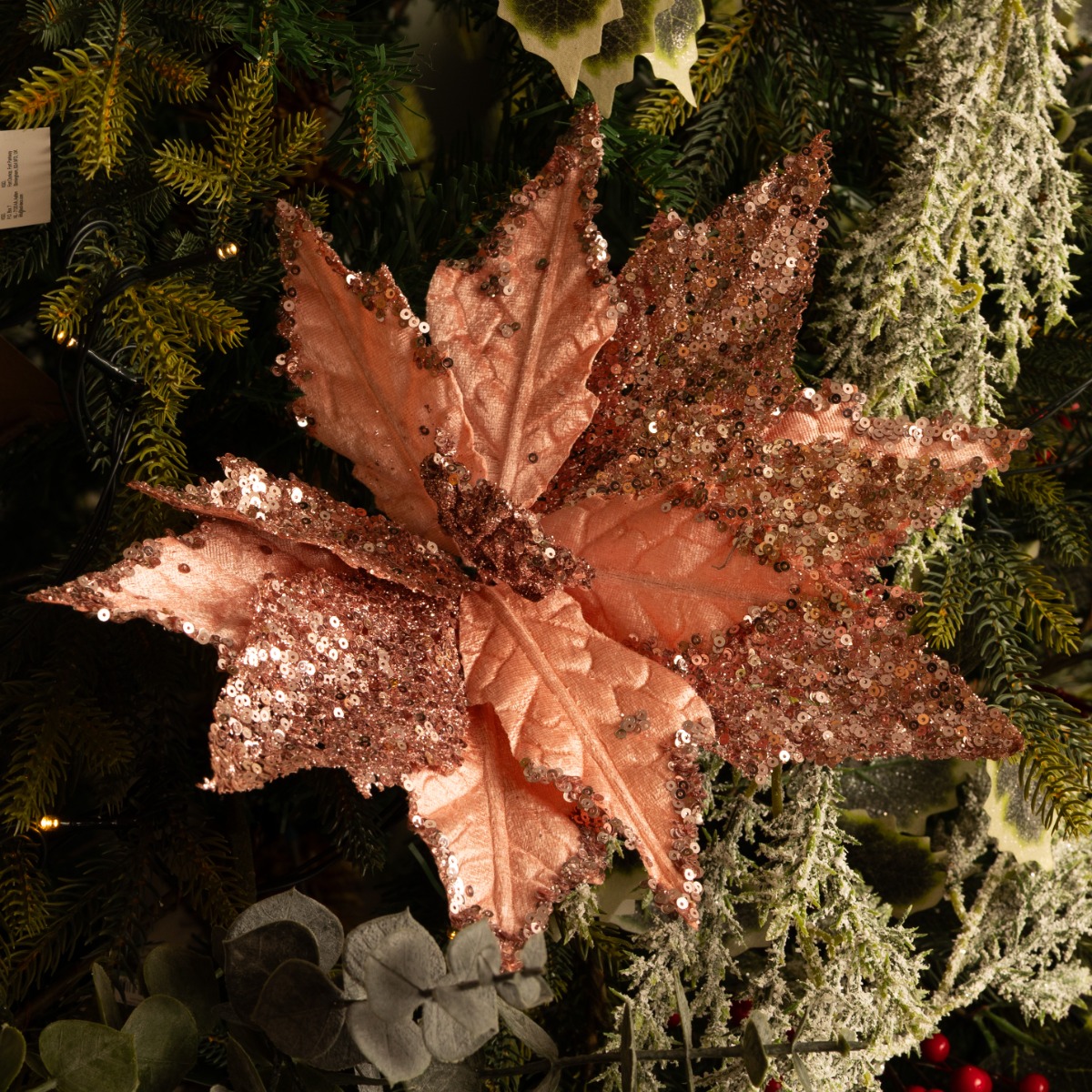 Frosted Pink Poinsettia With Sequin Stem - Christmas Decoration