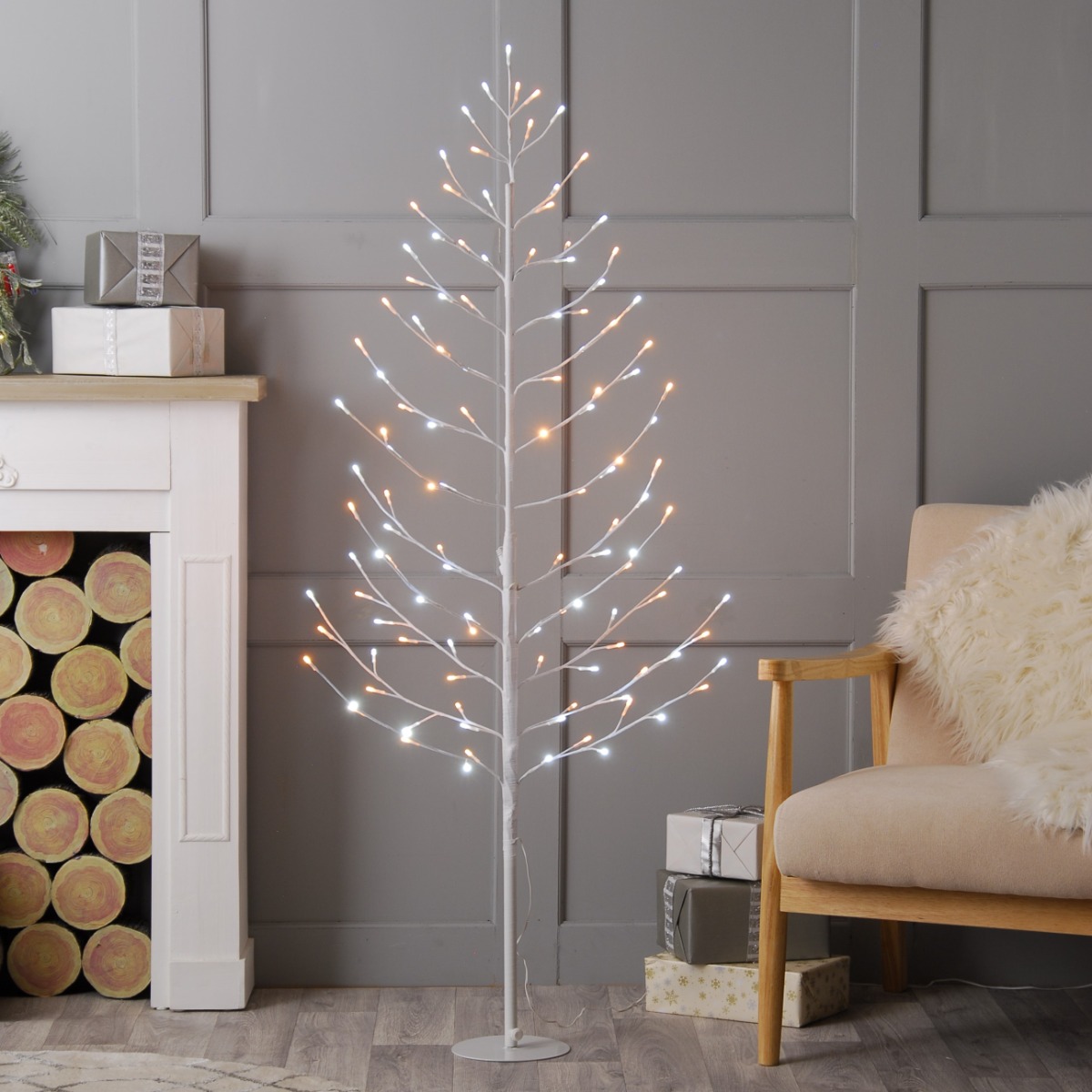 White And Warm White Led Glow Worm Twig Tree - 120cm - Christmas Decoration