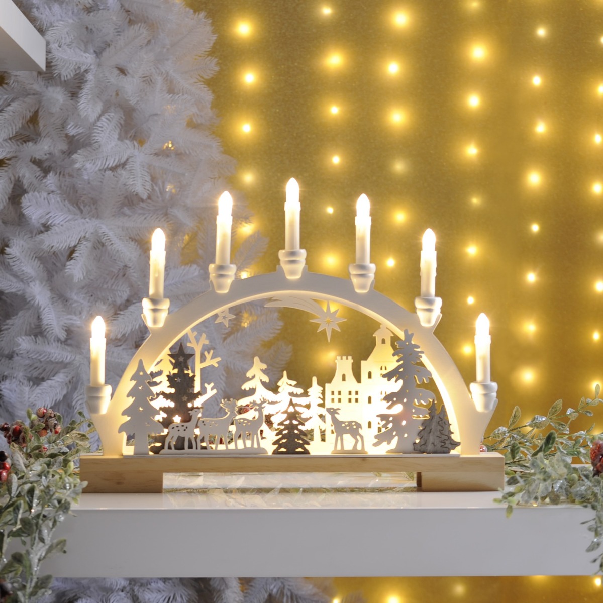Light Up Reindeer Scene With White Candle Bridge - Battery Operated - Christmas Decoration