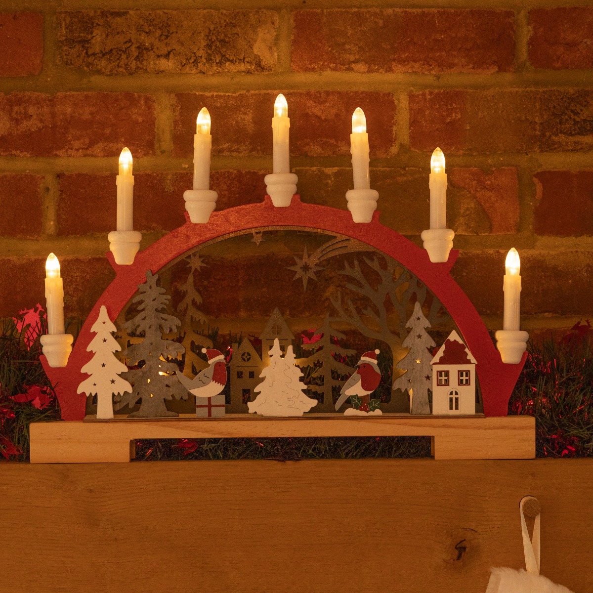 Light Up Robin Scene With Red Candle Bridge - Battery Operated - Christmas Decoration