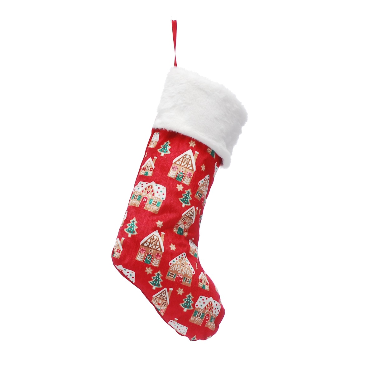 Red Stocking With Gingerbread House Design - Christmas Decoration
