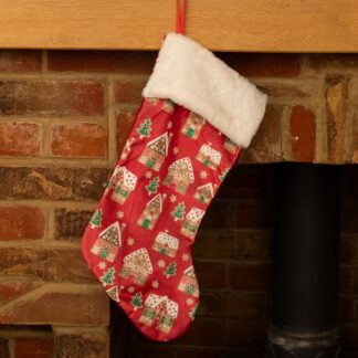 Red Stocking With Gingerbread House Design - Christmas Decoration