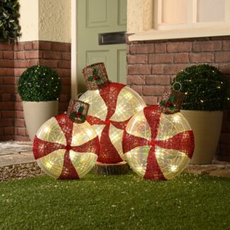 Set of Three Light Up Candy Stripe Balls - Christmas Decoration