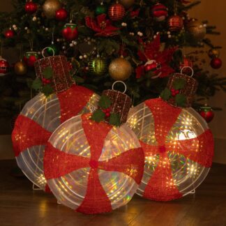 Set of Three Light Up Candy Stripe Balls - Christmas Decoration