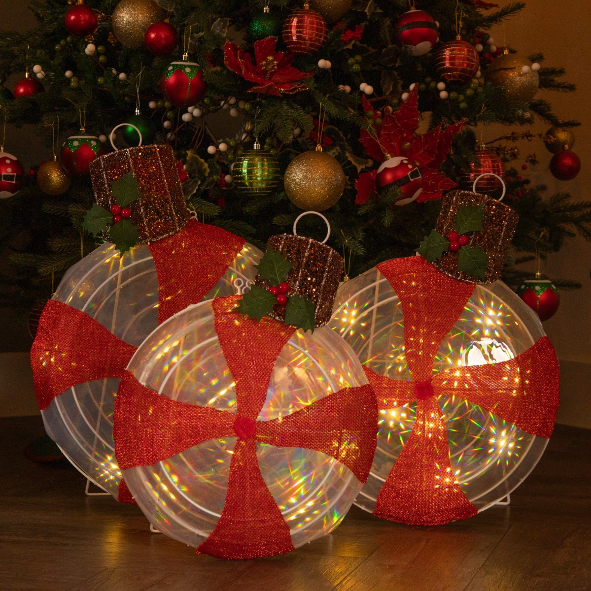 Set of Three Light Up Candy Stripe Balls - Christmas Decoration