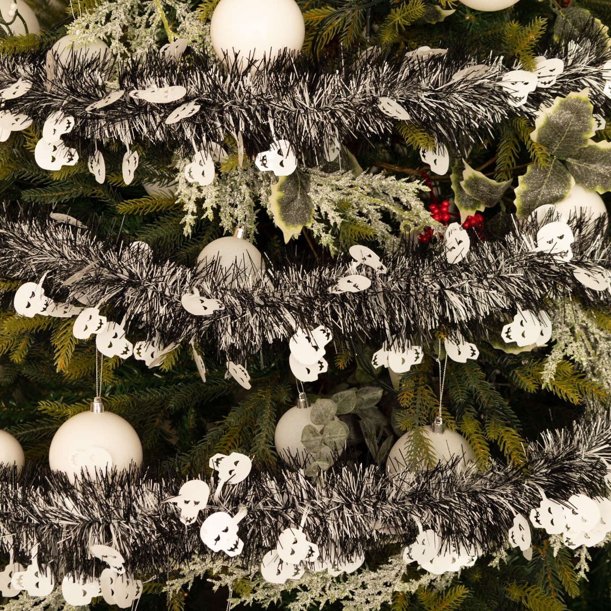 Long Black With White Skull Tinsel - Christmas Tree Decoration - 5m