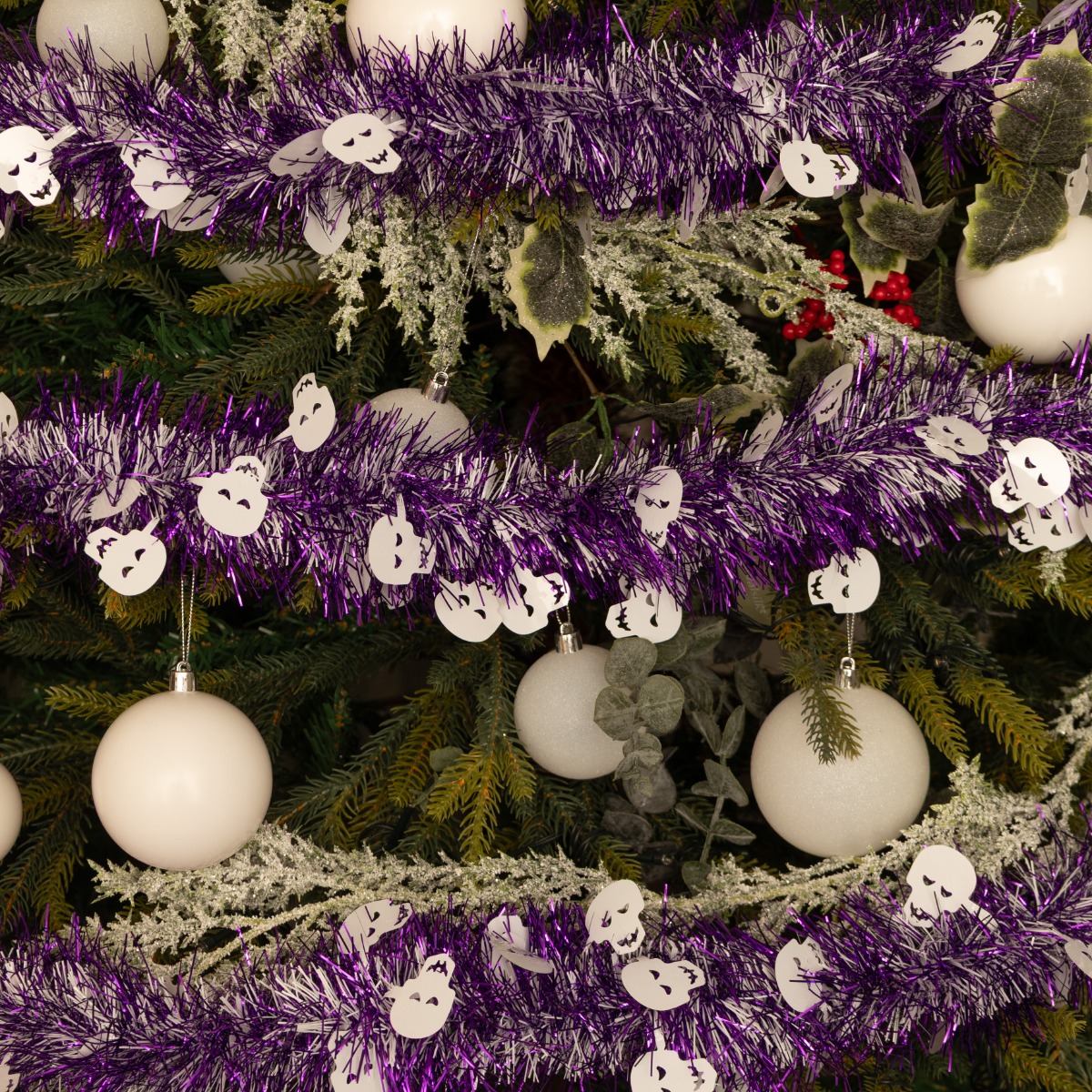 Long Purple With White Skull Tinsel - 5m - Halloween Decoration