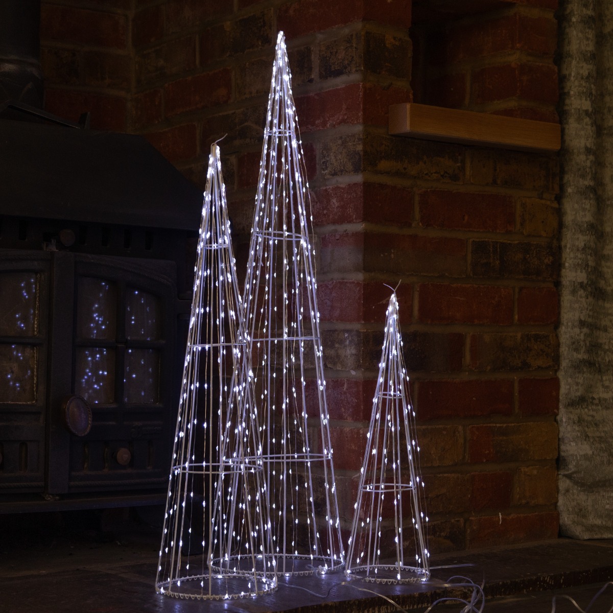Dewdrop Cone Trees With White Led Lights - Christmas Decoration - Set of 3