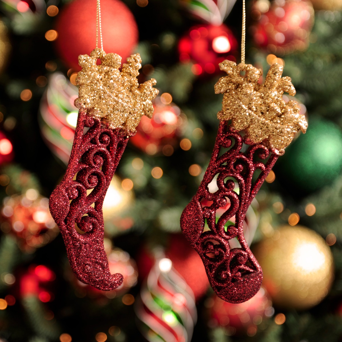 Burgundy Glitter Stocking - Christmas Decoration Pack of 2