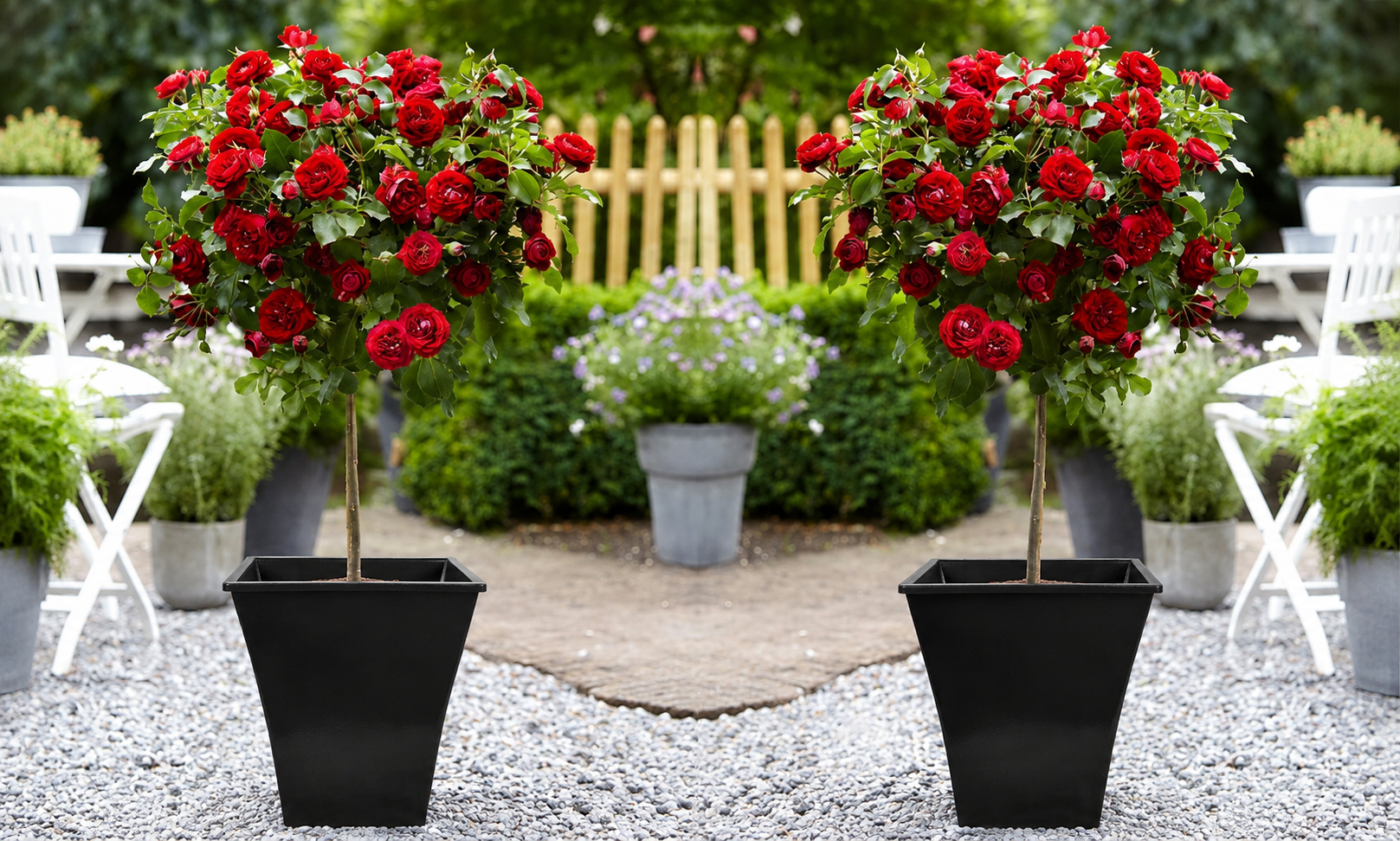 Pair of Patio Standard Red Flowering Garden Rose Trees Circa 100cm Tall - With Flared Black Planters